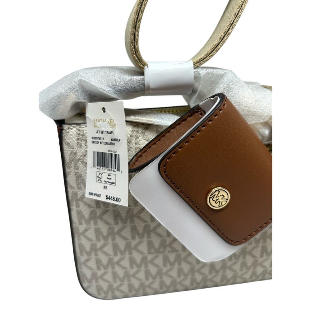 Michael Kors White/Tan Jet Set Logo Crossbody Bag with Case Apple AirPods Pro - Picture 6 of 14